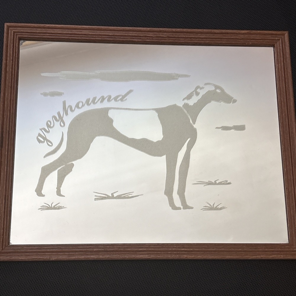 Vintage Greyhound Dog Etched Mirror Wood Frame 15x12 Retro Sighthound Wall Decor